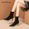 Sophitina女性の靴のファッションエレガントな高品質の足首のブーツ奇妙なスタイルのヒール尖ったつま先トゥーパーストレッチ生地ブーツSO667 210513