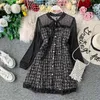 Höst Mode Långärmad Mini Klänning Kvinnor Tweed Patchwork Mesh Ruffles Elegant Vintage Koreansk Slim Plaid Woolen Vestidos 210514