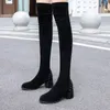 ブーツリモシーの女性セクシーなスリムスリップ膝の上の太もものハイメタルリベット厚いかかと靴
