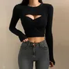 Front Cross Sexy Hollow Out Slim Grey T-shirt Women O-neck Long Sleeve Pullover Tops 2020 Korean chic Fashion Cropped Tops X0628
