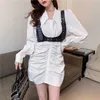 spring summer French Style Women'S Dress Turn-Down Collar Puff long Sleeve sleeve casual dress + waist seal sets 210531