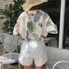 Hawaii Hojas blancas Imprimir Girar hacia abajo Botón de cuello Camisa de manga corta Verano Casual Beach Mujeres B0157 210514