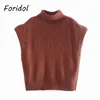 Ombro acolchoado sem mangas tricotadas pulôveres camisola mulheres turtleneck marrom colete colheita vintage colete 210427