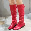Femme genou haute bottes rouge noir blanc plat plissé bas plissé cuir bas casual cuir automatiquement hiver femme chaussure longue femme Y0910