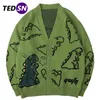 Hip Hop Hommes Pull Tricoté Doodle Dinosaure Motif Harajuku Surdimensionné Streetwear Lâche Cardigan Pull Hommes Femmes Manteau 210818