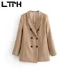 Ol Style Podwójne piersi Khaki Kobiety Blazer średniej długości Blazers i kurtki Dorywczo Dopasuj Lady Suit Coat Spring 210427