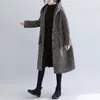 الخريف الشتاء منقوشة معطف الصوف المرأة زائد حجم الأزياء خمر فضفاضة واحدة الصدر مقنع طويل قميص الإناث M165 210924