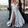 Off Shoulder Satin Avondjurken Lange Sexy Hoge Slit Avondjurk Elegante Taille Prom Dress Robe de Soiree