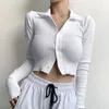 Casual Ribbed Knit Turn-Down Manches Longues Femmes Crop White T-Shirt Femme Single-Breasted Tee Shirt Top Pour Femmes Vêtements 210415