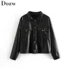 Femmes noir Faux cuir manteau veste Atumn hiver mode poches col rabattu vestes courtes femme Streetwear Outwear 210414