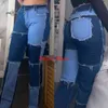 Liooil Patchwork Skinny Straight Leg Boy Friend Jeans Kvinna Hög midja Denim Trousers Sexiga Färg Block Brun Streetwear Byxor