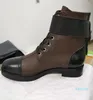 Fashion-Women Leather Designer Boot Designer Lady Klamra Płótno Pasek Lace-Up Gumowy Outsole Płaskie Botki