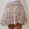 Leopard print ruffle mini skirts womens summer beach holiday chiffon high waist green lace up elastic plus size 210427