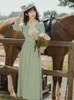 YOSIMI Long Women Dress Spring Light Green Scarf Collar Mid-calf A-line Fit and Flare Empire Sleeve Lace Elegant 210604