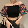 Zomer Elegant Beach Holiday Style Bloem Bladerdeeg Mouw Geplooid Off Shoulder Collar Collarbone Short Shirt Pop Top 16W1013 210510