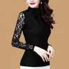 Women Spring Autumn Style Slim Lace Blouses Shirts Lady Casual Long Sleeve Turtleneck Flower Printed Lace Blusas Tops DD8199 210412