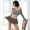 V-neck Korean Style Loose Knitted Sweaters Women Thin Pullover Porn Mini Skirt Sets Adult Sex Fantasy Schoolgirl Cosplay Costume 210730