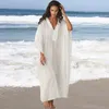 Summer Imitation Cotton Robe Beach Bikini Cover Up Loose Plus Size Seaside Vacation V-neck White Female Sun Protection Dress Women's Swimwea