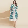 Tasarımcı Sonbahar Uzun Kollu Midi Elbise kadın Zarif Vintage Çiçek Baskılı Yay Yaka Parti Vestdios 210421