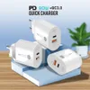 Snabb snabba mobiltelefonladdare PD Typ C 20W QC3.0 Dual Ports Wall Charger EU US Chargers Plug för iPad iPhone Samsung Huawei B1
