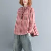 Vår Höstkonst Stil Kvinnor Långärmad Loose Blouse Toppar Stand Krage Bomull Linen Plaid Casual T Shirts Plus Storlek V259 210512