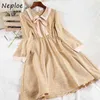 NEPLOE Turn Down Collar Boog Design Lange Jurk Vrouwen Hoge Taille Heup Een lijn Slanke Vestidos Vintage Plaid OL Lange Mouwen Robe Spring 210423