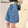 Tataria rétro sertissage Denim Shorts pour femmes taille haute a-ligne jean large jambe poche décontracté ample 210514