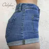 Jeans da donna estivi a vita alta Fashion Lady Blue Pocket Streetwear Pantaloncini di jeans skinny sexy 210415