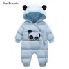 Söt panda baby vinter hooded rompers tjock bomull varm outfit nyfödda jumpsuit overaller snöar barn pojkar kläder h0910