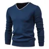 Män Höst Ny tröja V-Neck Pullovers Fashion 100% Bomull Solid Färg Långärmad Slim Tröjor Navy Knitwear Y0907
