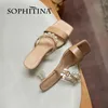 Sophitina Hakiki Deri Yaz Kadın Ayakkabı Moda Şık Zincir Garip Topuk Kare Toe Inci Modern Sandalet FO372 210513