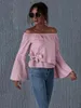 Women's T Shirts Women's T-Shirt Women Sweet Off Shoulder Long Flared Sleeve Bowknot Wrap Pink Shirt Tops