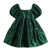 Vintage grön satin mini klänning kvinnor kort puff ärm damer prinsessa party fluffy torg krage elegant fransk klänning kvinnlig 210417