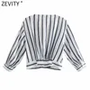 Zevity Femmes Vintage Croix Col V Rayé Imprimé Court Smock Chemises Kimono Blouses Bureau Dames Lin Roupas Blusas Tops LS9228 210603