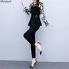 Lente vrouwen twee stuk set elegante plus size kant patchwork lange mouw O-hals tops en elastische taille broek outfits Koreaans 210518