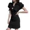 Womengaga Summer Koreański Chic Polo Collar Puff Sleeve Slim Bag Button Bow Denim Mini Dress Suknie Topy O539 210603