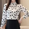 Plus Size Autumn Fashion Women Chiffon Shirts L￥ng￤rmning Polka Dot Ruffless Women Bluses Casual Stand Collar Women Tops 210401