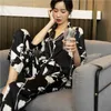 JULY'S SONG Pajamas Set 2 Pieces Women's Sleepwear Satin Silk Rose Print Elegant Pyjama Long Trousers Spring Summer Sleepwear 210928