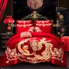 Luxe beddengoedset Draak Phoenix borduurwerk rood Chinese stijl bruiloft 100% katoen 4/6 stuks Prinsessen beddengoed Dekbedovertrek Laken Linnen kussenslopen Beste kwaliteit