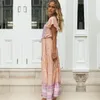 Sommar Ny Boho Tryckt V-Neck Butterfly Sleeve Hög midja Tassel Summer Beach Drtunic Women Streetwear Maxi Dresses X0621