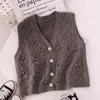 V-ausschnitt Frau Westen Solide Einreiher Vintage Frühling Pullover Lose Süße Herbst Tops Strickjacken Mujer 19459 210415