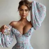 Robe longue à imprimé floral à l'épaule pour femmes Vintage Blue Beach Holiday Hoho Maxi Slit Robe Fleur Robe Française 210415