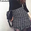 Colorfaith Spring Summer Women Woolen Mini Skirt In A Cage Vintage Plaid Tassel Skater High Waist Checkered SK5583 210621