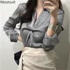Весенние моды дизайнер завязывания корейских рубашек блузки женщин с длинным рукавом V-образным вырезом твердой элегантный офис женские топы 210513