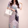 maxi floral Dress for women Summer Stripe Short Sleeve V neck polyester ladies Sexy elegant print Long Dresses 210602
