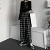 Femmes taille haute pantalon à carreaux été nouveau style harajuku vêtements décontractés taille élastique droite jambe large pantalon ample ins tendance Q0801