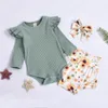 Zestawy odzieżowe Dzieci Dziewczyny Stroje Dla Niemowląt Toddler Latający Rękaw Romper Topy + Sunflower Słonecznika Szorty + Pałąk 3 sztuk / Ustaw Summer Fashion Boutique Baby Odzież