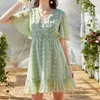 Vintage Polka Dot Pink Summer Dress for Women Casual Boho Beach Style Mini Dress Short Flare Sleeve V Neck Sundress 210415