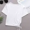 HSA Summer Women Shirts Sweet Lace-Up Hem Casual Mujer Kvinna Kortärmad Vit Hollow Out T-shirt Fritid Harajuku Topp 210417