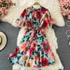 Neploe New Flare Sleeve Flower Print Bodycon Vestidos Above Knee Slim Waist Women's Dress Bandage Summer Ruffled Femme Robe C0607